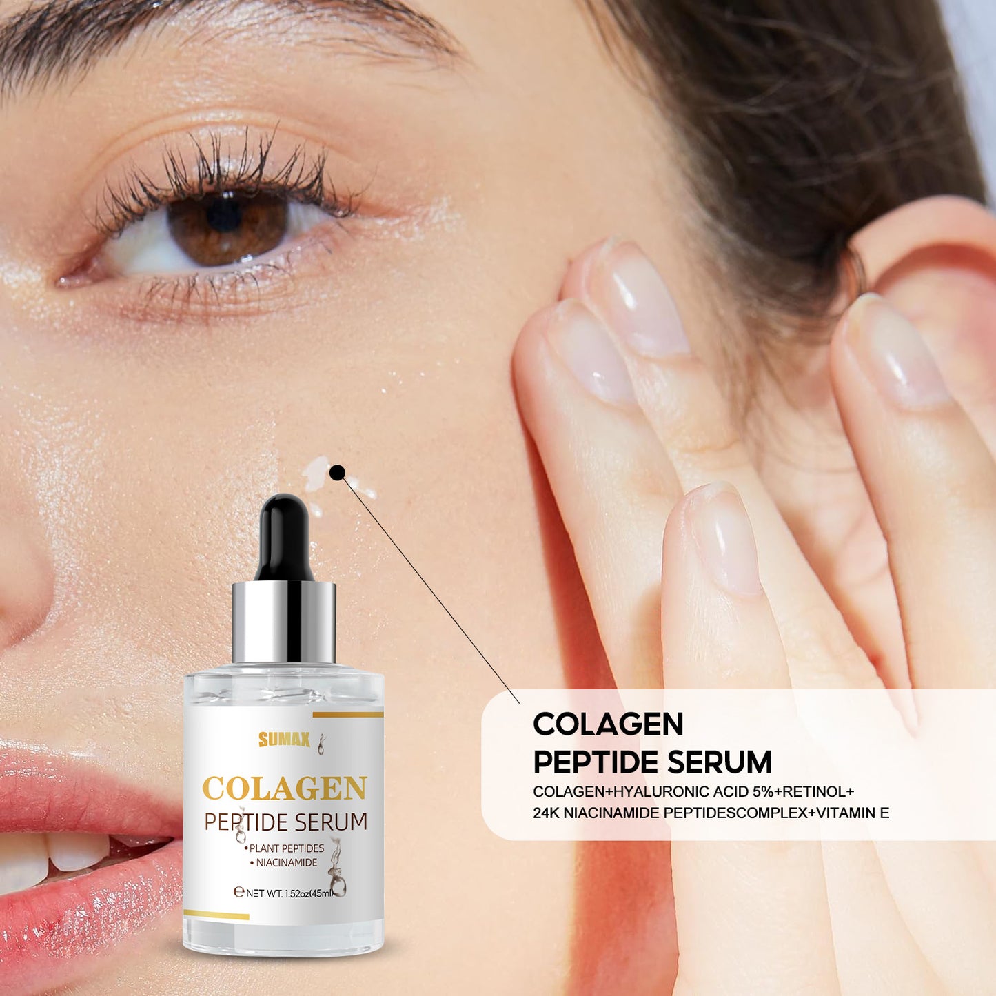 Close-up of a woman's face with a bottle of collagen peptide serum in the foreground.
