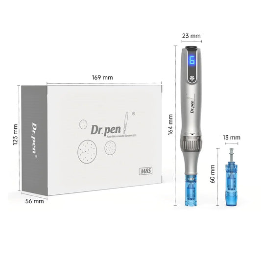 Dr. pen m8s with dimensions and packaging on a white background