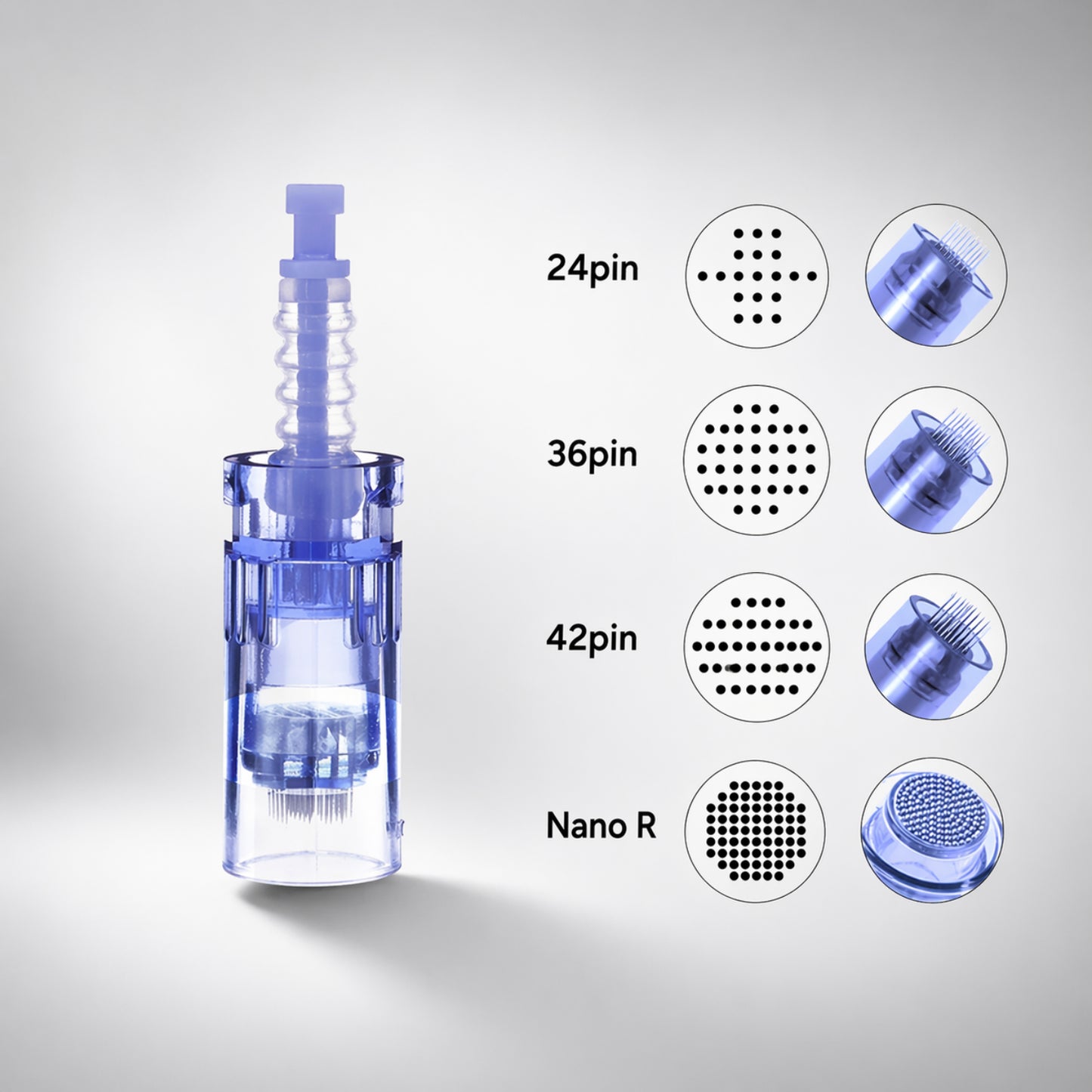 Blue dental tool with various pin sizes displayed on a gray background
