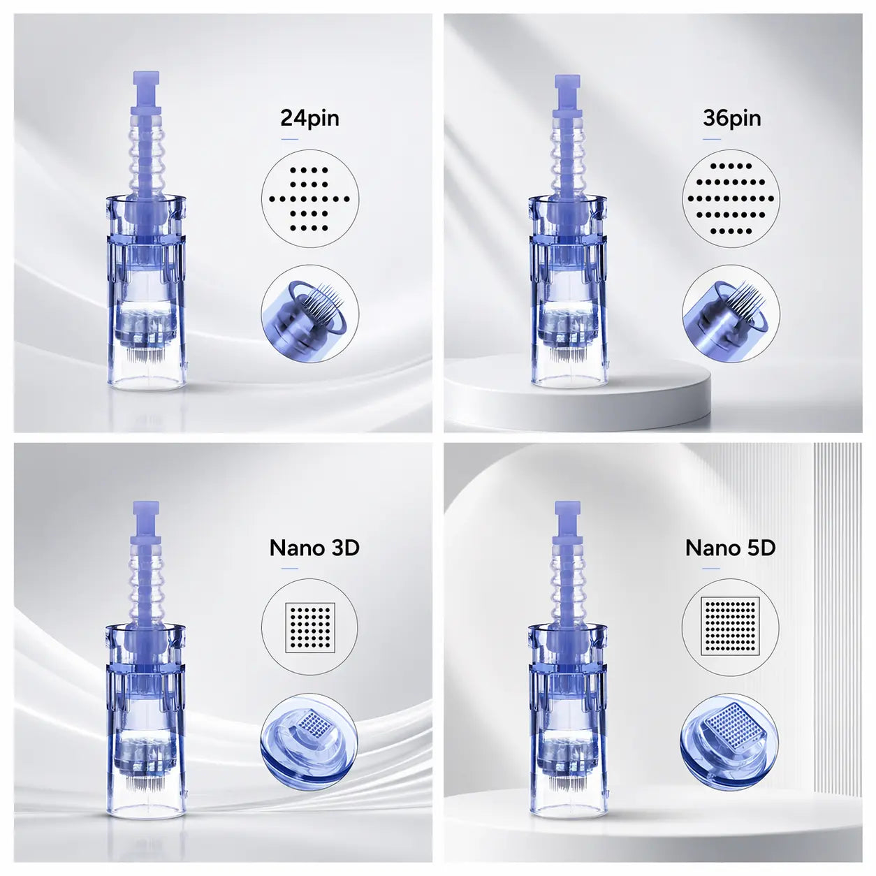 Four different types of injectors with labeled pin counts on a light gray background