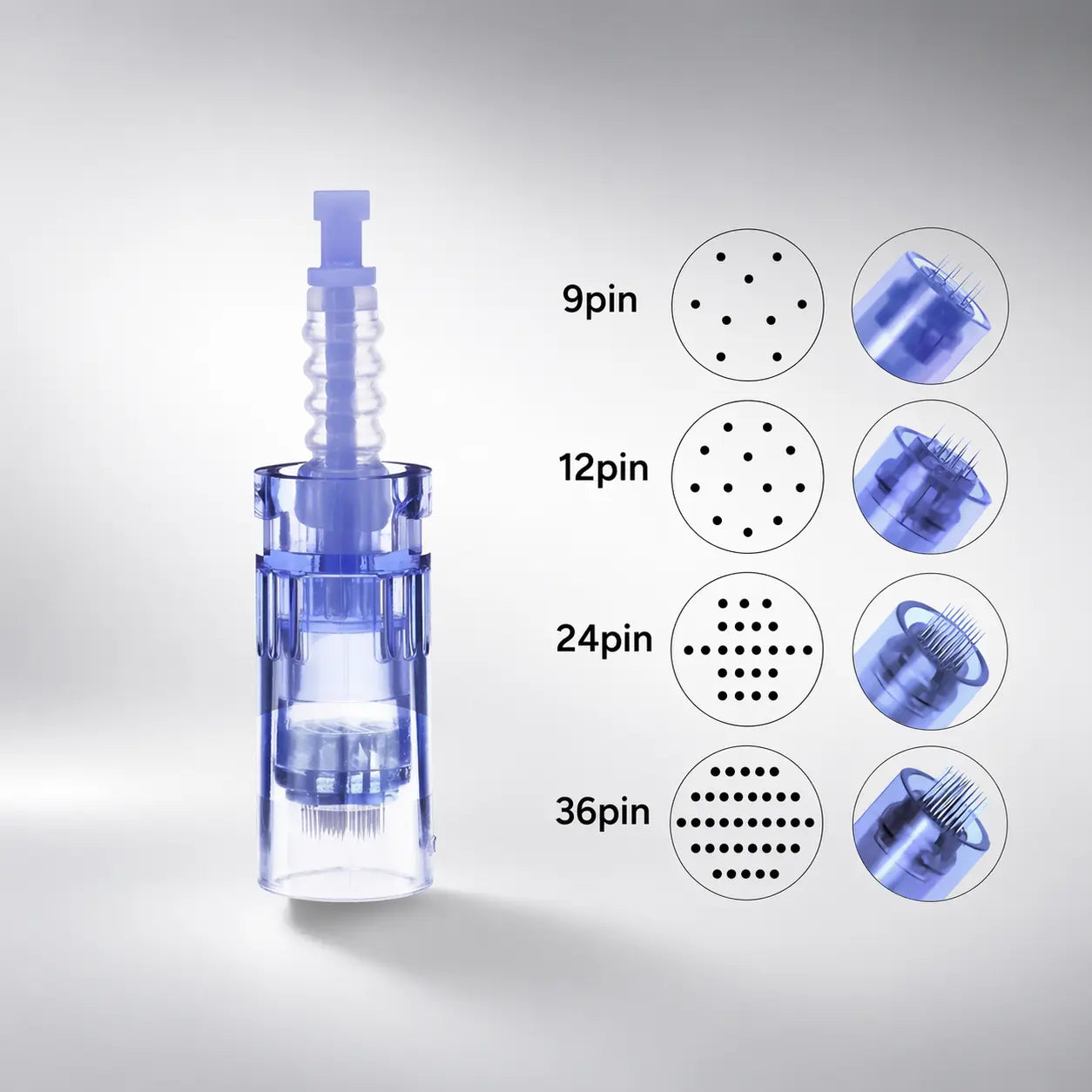 Blue dental tool with illustrations of different pin sizes on a gray background