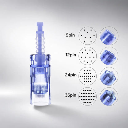 Blue dental tool with illustrations of different pin sizes on a gray background