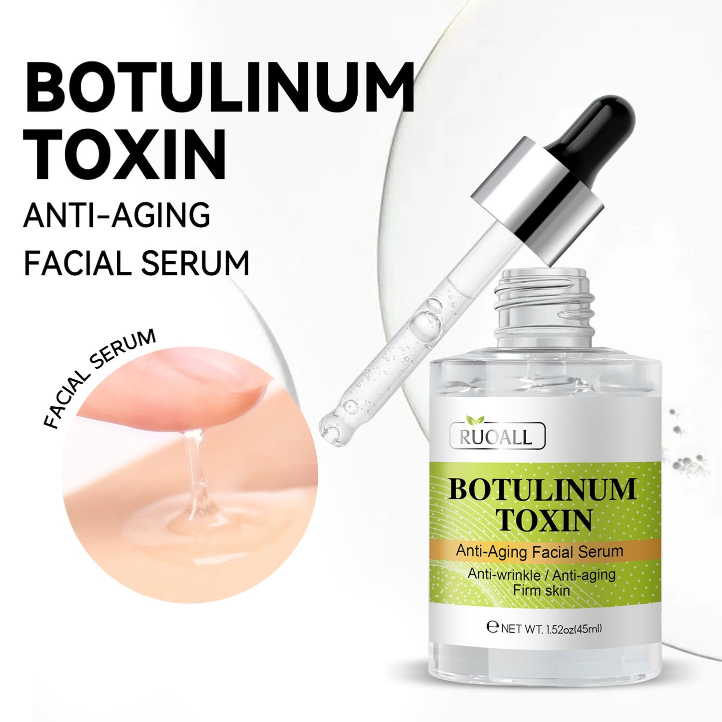 Botulinum toxin anti-aging facial serum with dropper and packaging on a white background