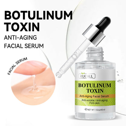 Botulinum toxin anti-aging facial serum with dropper and packaging on a white background