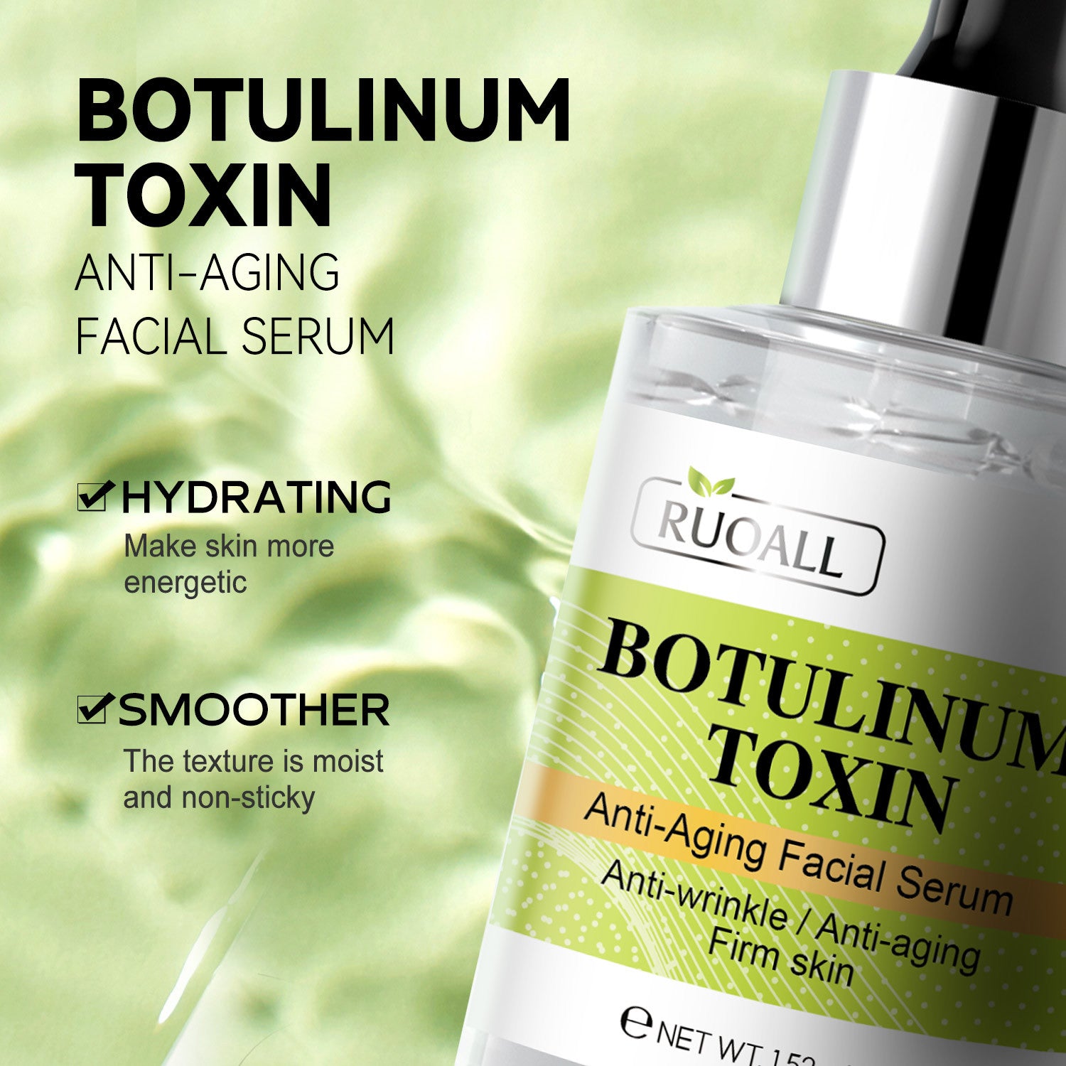 Botulinum toxin anti-aging facial serum with RUOALL branding on a green blurred background