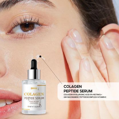 Close-up of a woman's face with a bottle of collagen peptide serum in the foreground.