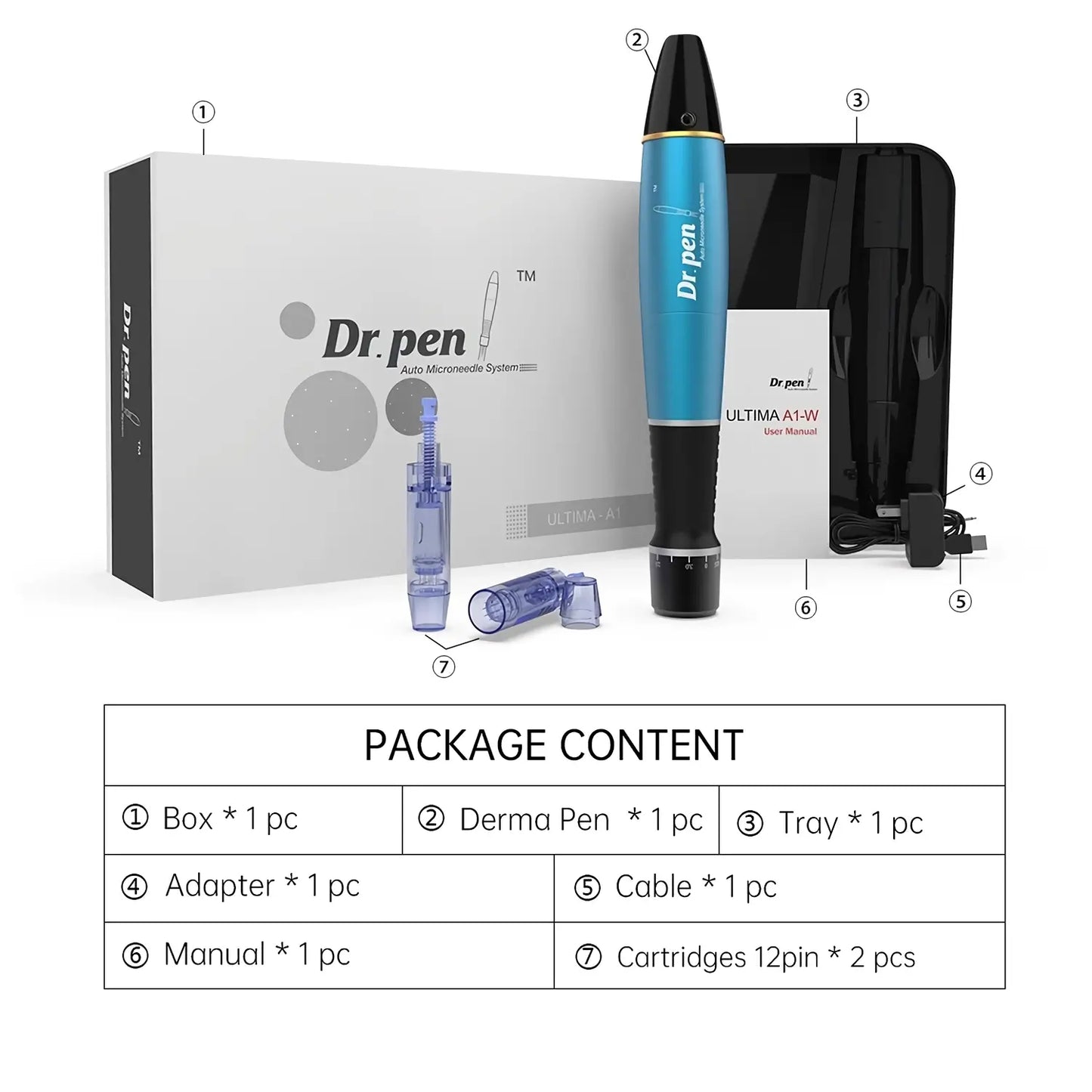 Dr. pen derma pen system with packaging and components on a white background