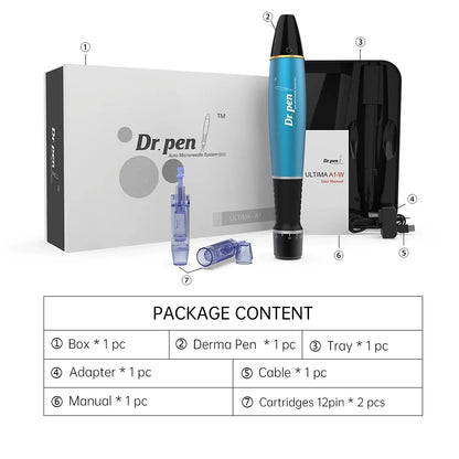 Dr. pen derma pen system with packaging and components on a white background