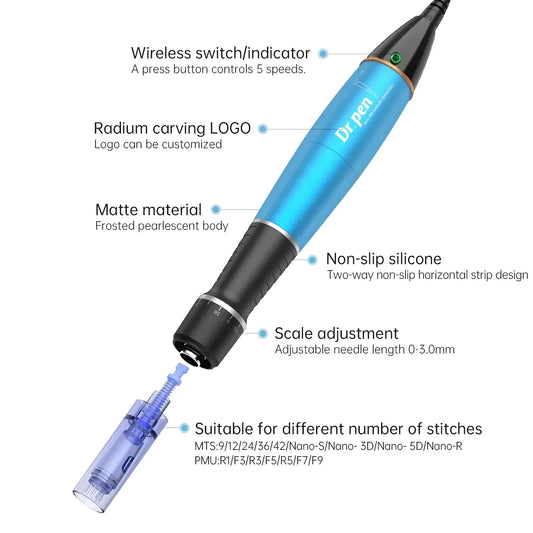 Ink pen with features highlighted on a white background