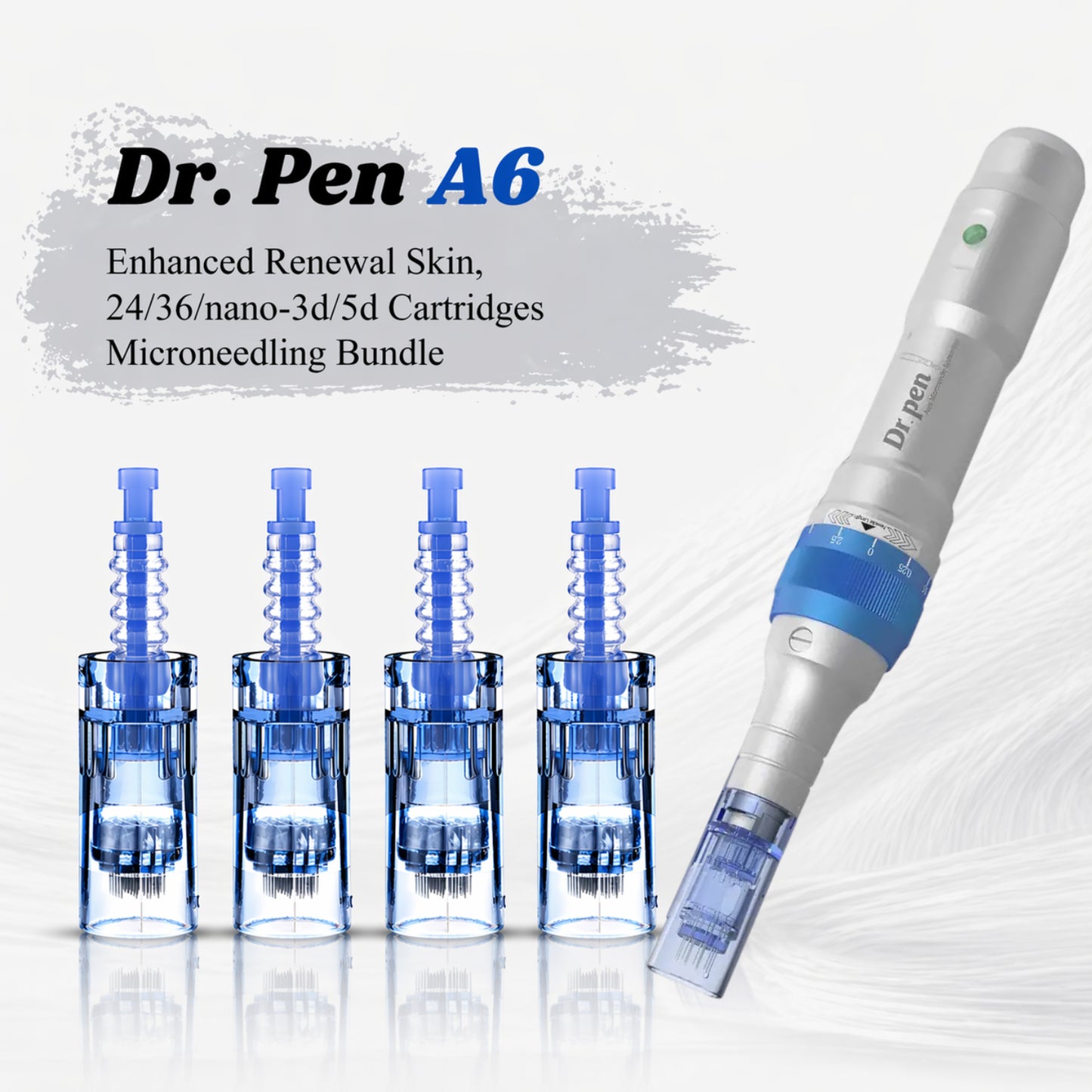 Dr. Pen A6 microneedling device with interchangeable nozzles on a light gray background