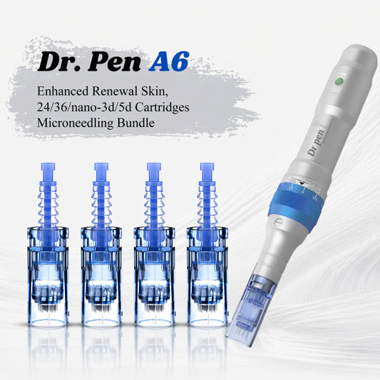 Dr. Pen A6 microneedling device with interchangeable nozzles on a light gray background