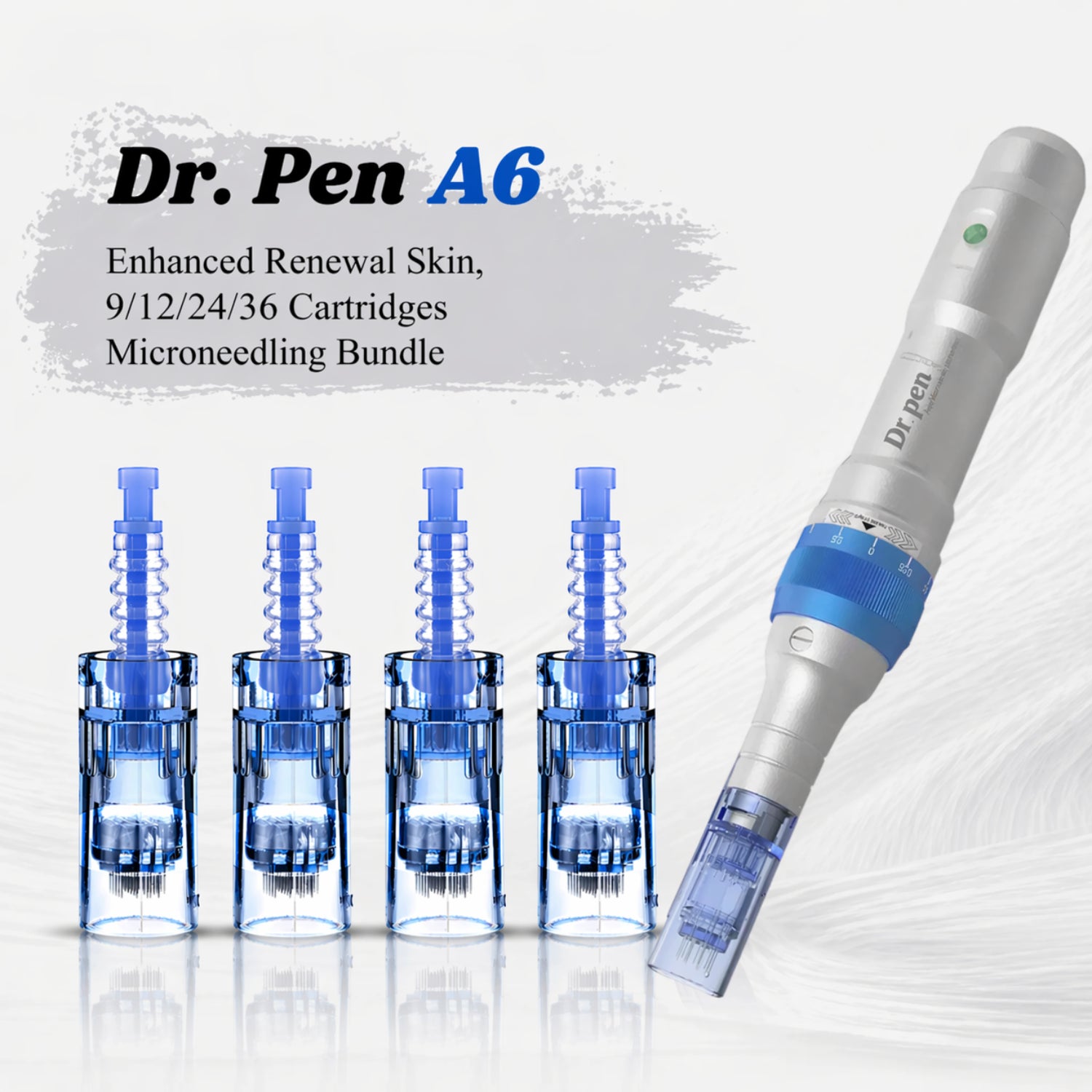 Dr. Pen A6 microneedling device with blue cartridges on a light gray background