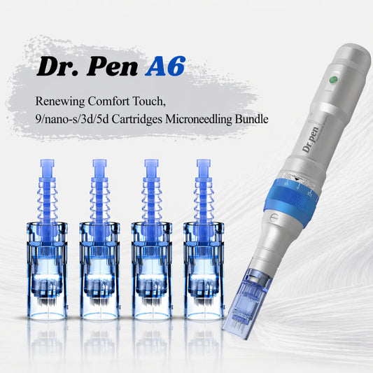 Dr. Pen A6 microneedling device with blue cartridges on a white background