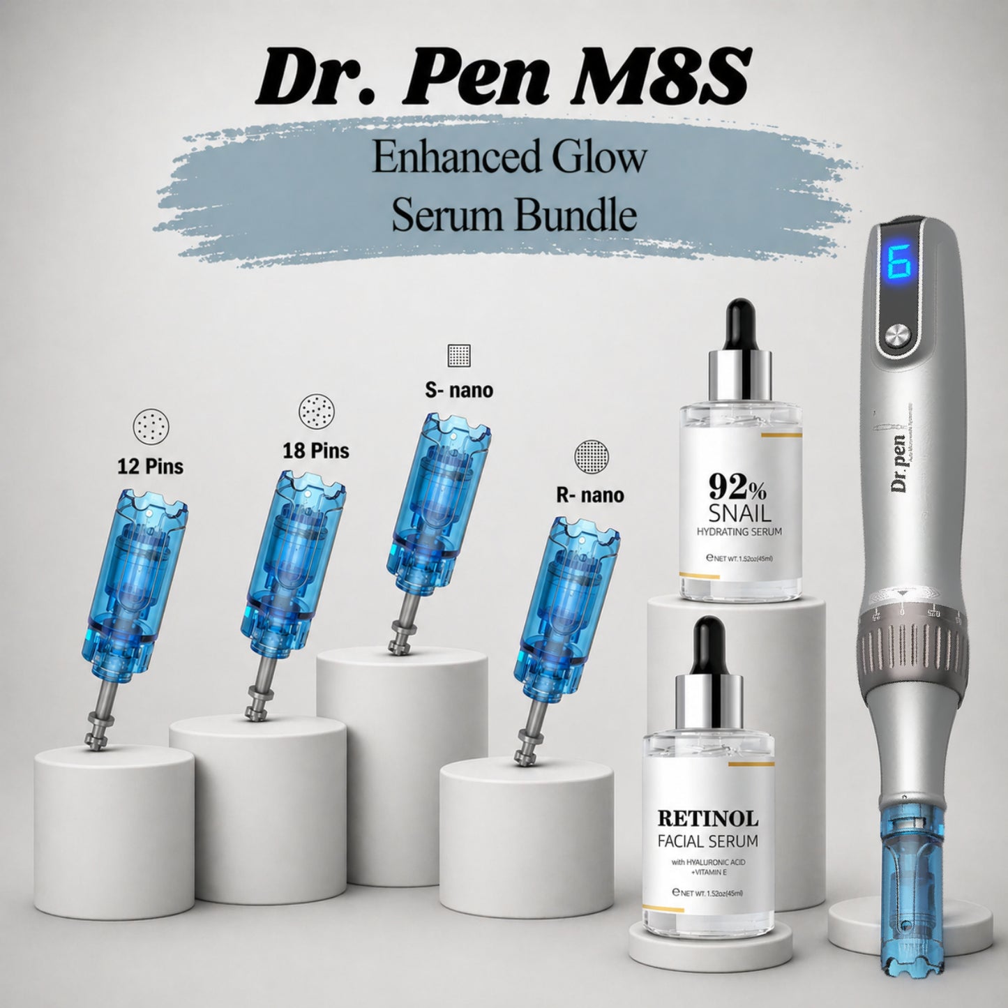 Dr. Pen M8S Enhanced Glow Serum Bundle with various serum bottles and needles on a light gray background.