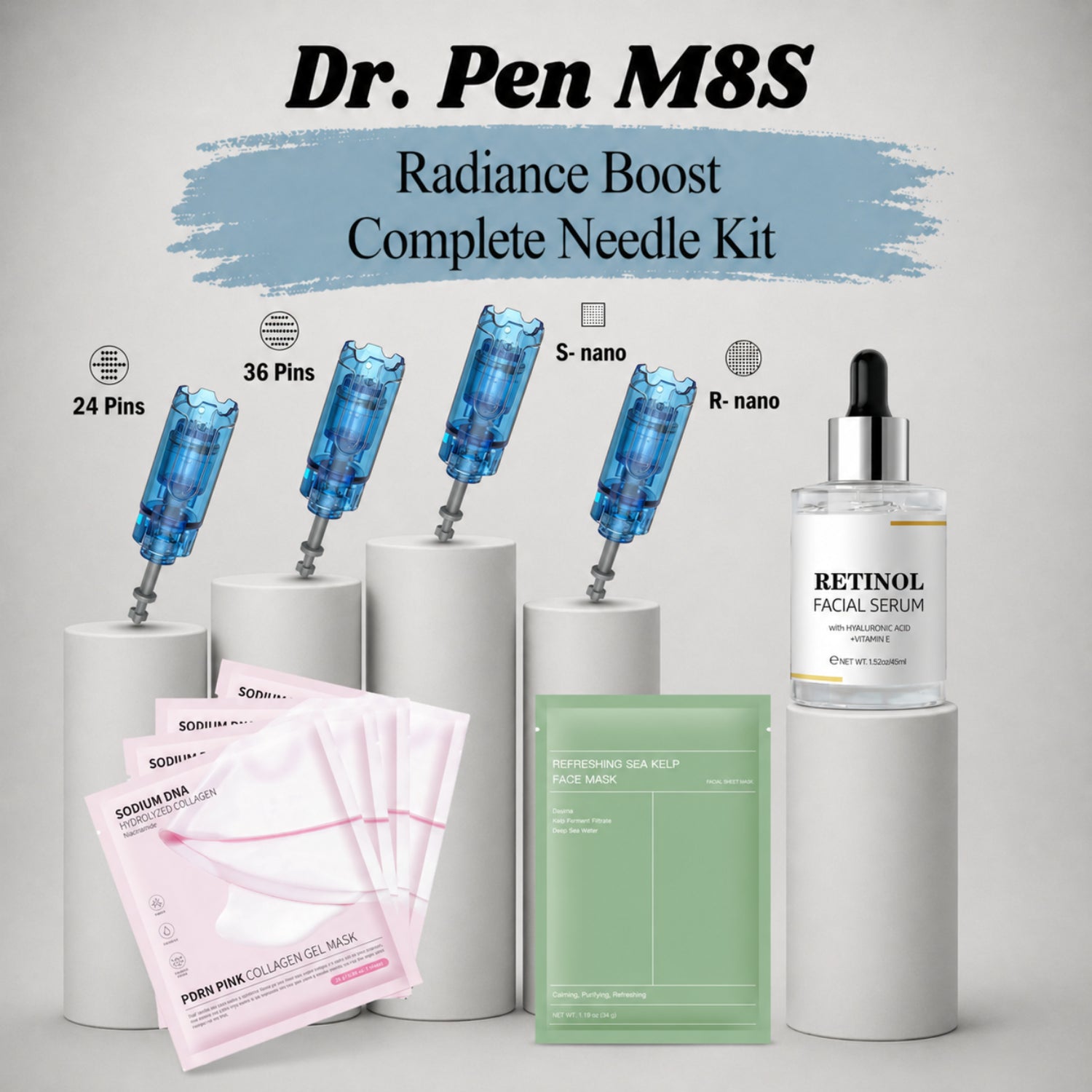 Dr. Pen M8S Radiance Boost Complete Needle Kit with retinol facial serum on a gray background