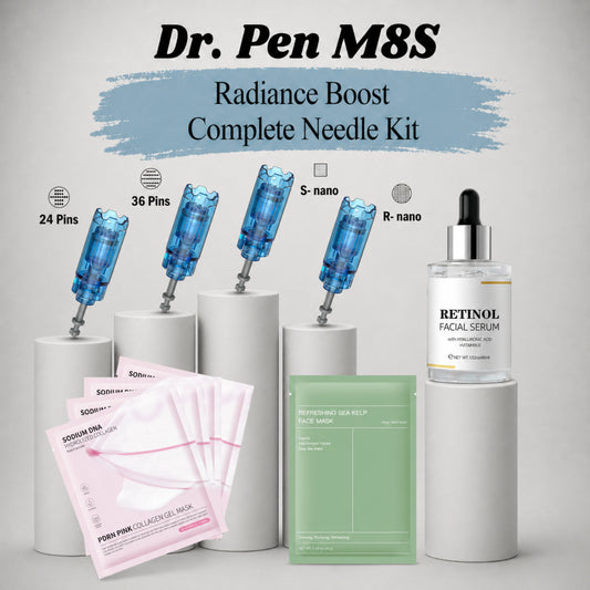 Dr. Pen M8S Radiance Boost Complete Needle Kit with retinol facial serum on a gray background