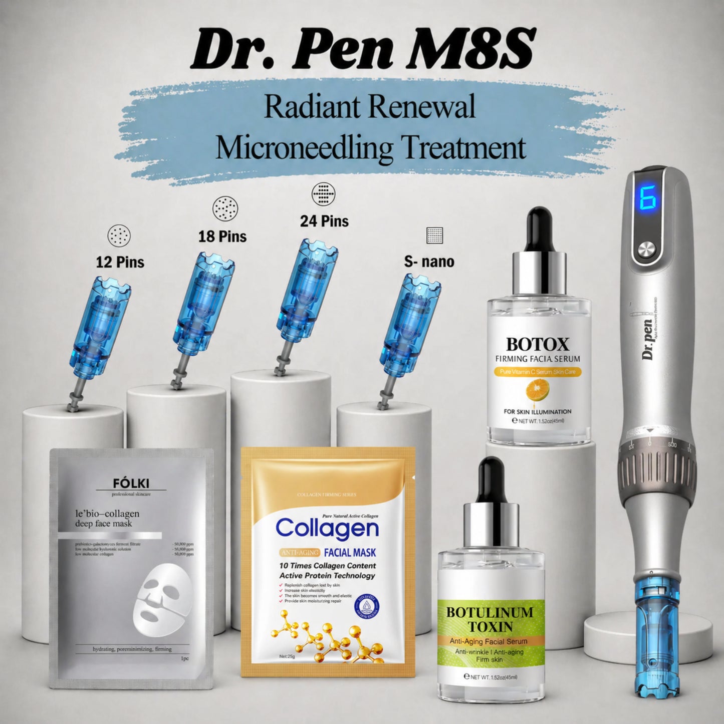 Dr. Pen M8S microneedling treatment set with various skincare products on a gray background