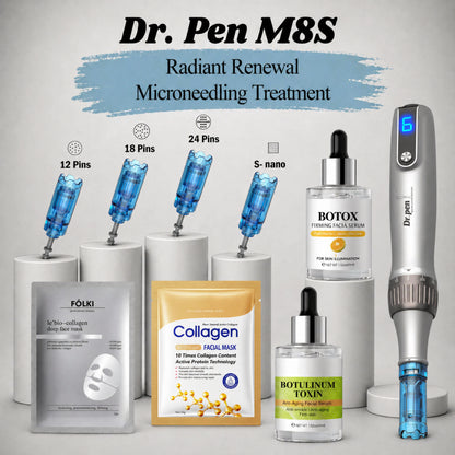 Dr. Pen M8S microneedling treatment set with various skincare products on a gray background