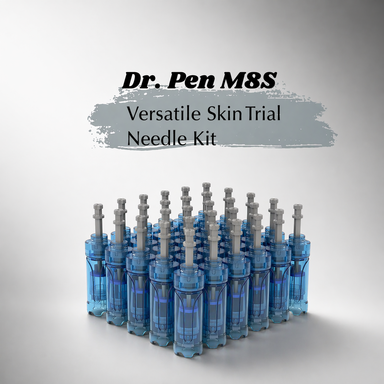Dr. Pen M8S Versatile Skin Trial Needle Kit with blue containers and gray needles on a light gray background.
