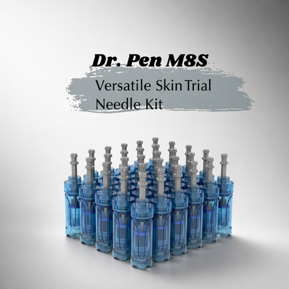 Dr. Pen M8S Versatile Skin Trial Needle Kit with blue containers and gray needles on a light gray background.