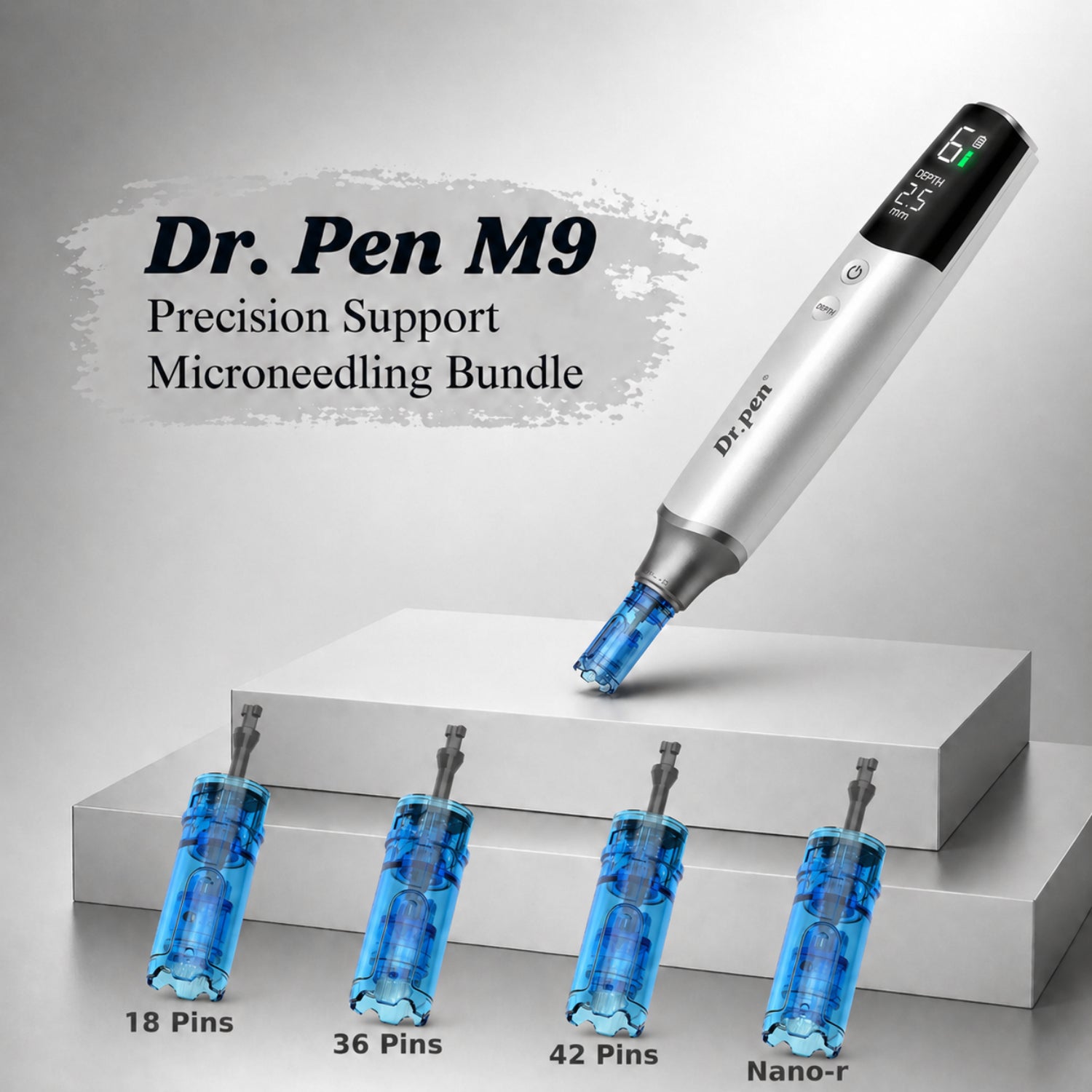 Dr. Pen M9 microneedling device with interchangeable needles on a gray background