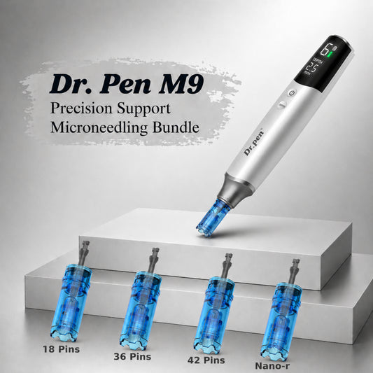 Dr. Pen M9 microneedling device with interchangeable needles on a gray background