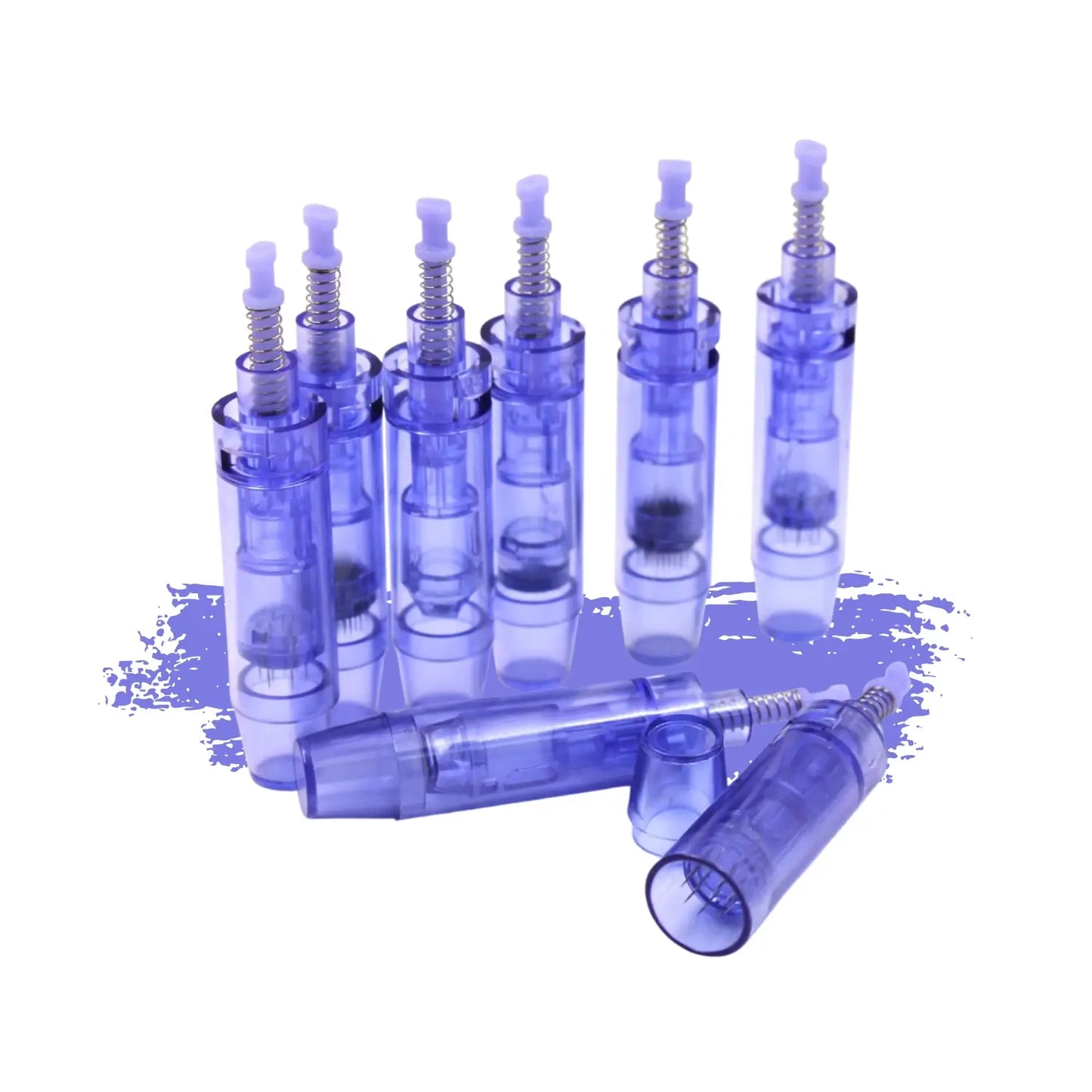 Set of blue tattoo needles on a white background