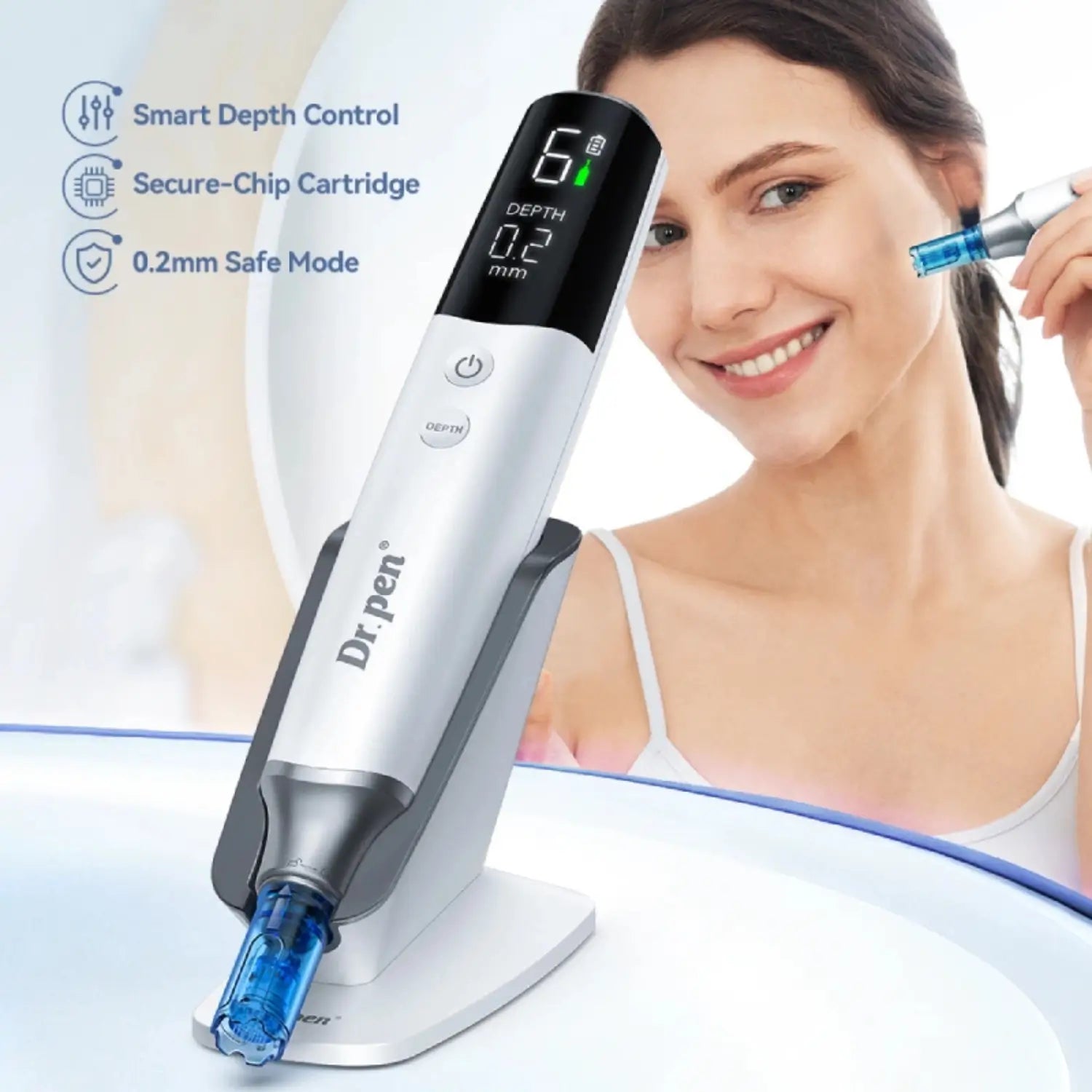 Dr. Pen M9 with digital display and woman using it on her face