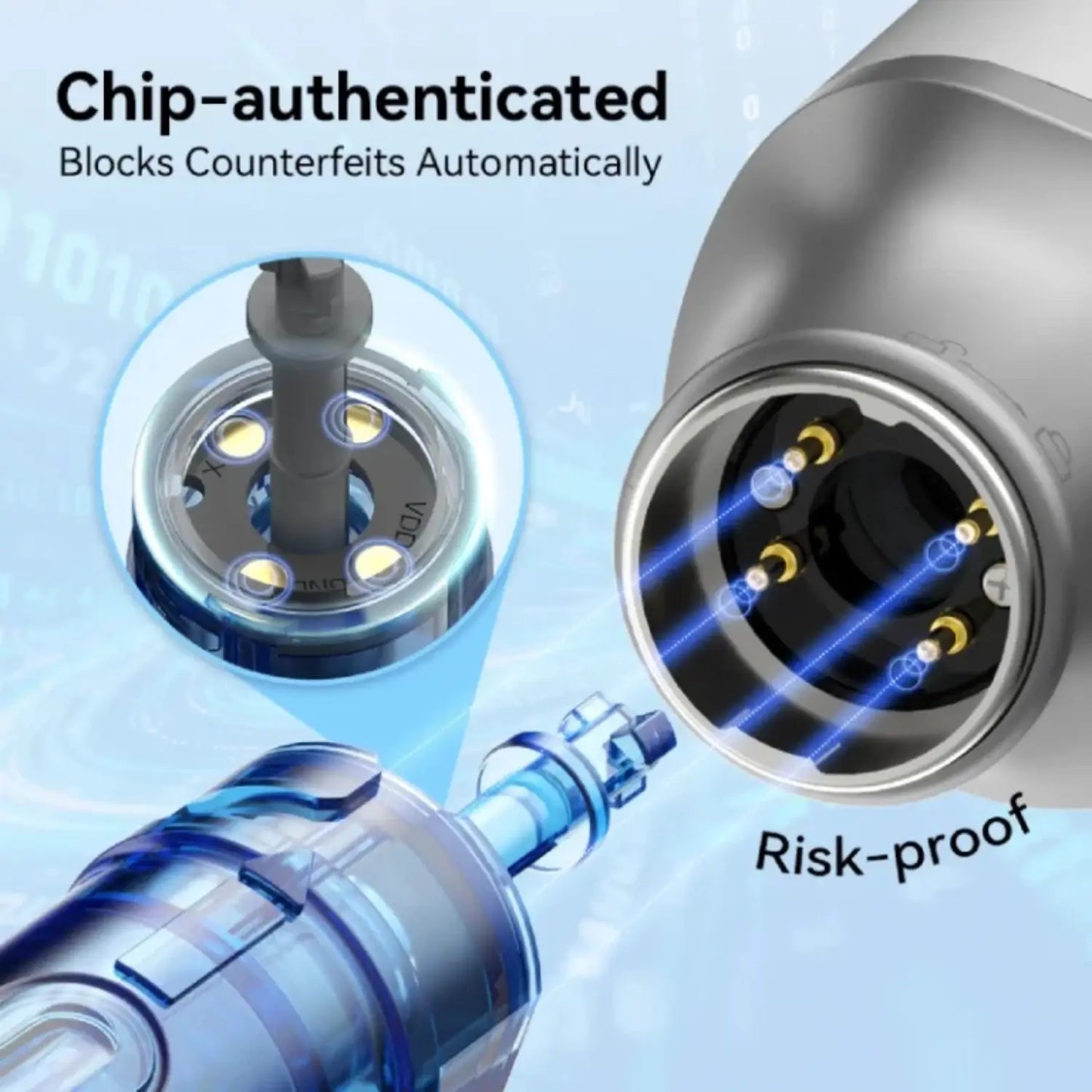 Close-up of Dr. Pen M9 with 'Chip-authenticated' and 'Blocks Counterfeits Automatically' text on a blue background.