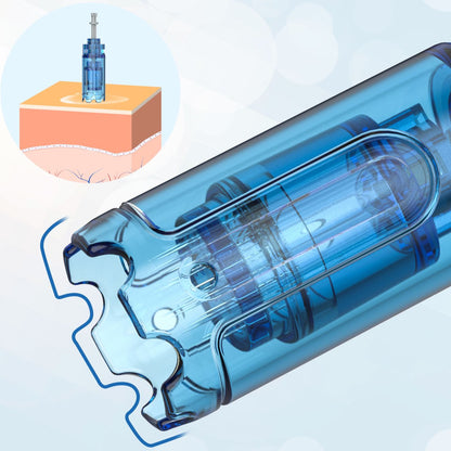 Illustration of a blue medical device with a close-up inset showing a needle penetrating skin.