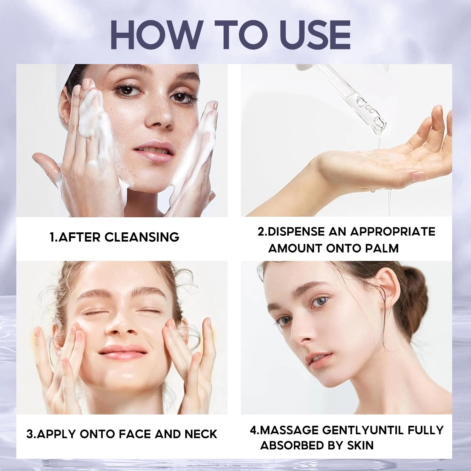 Instructions on how to use a skincare product with step-by-step images and text.