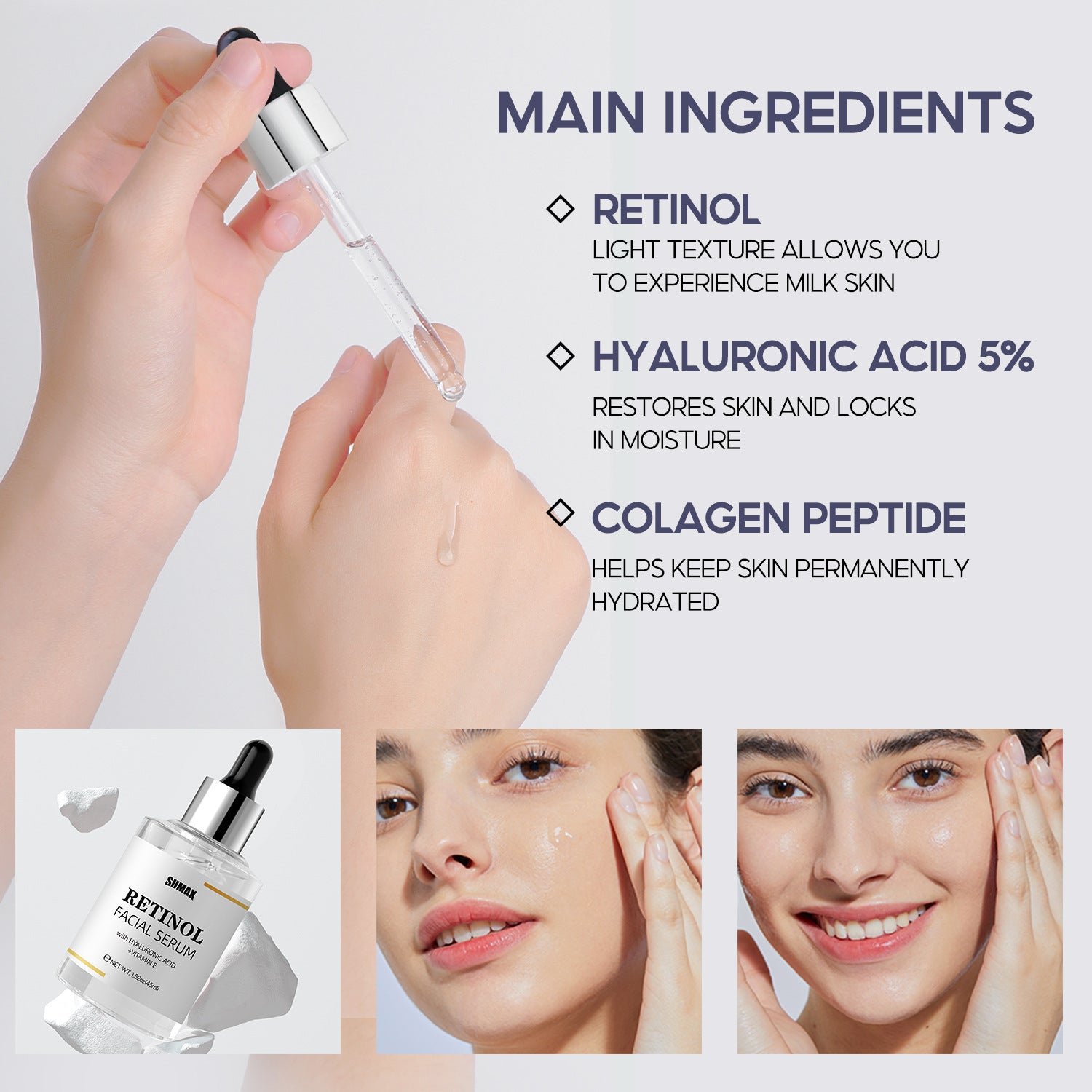 Skincare serum with dropper, bottle, and close-up of a woman applying it to her face.