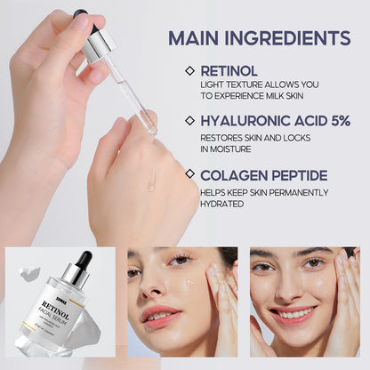 Skincare serum with dropper, bottle, and close-up of a woman applying it to her face.