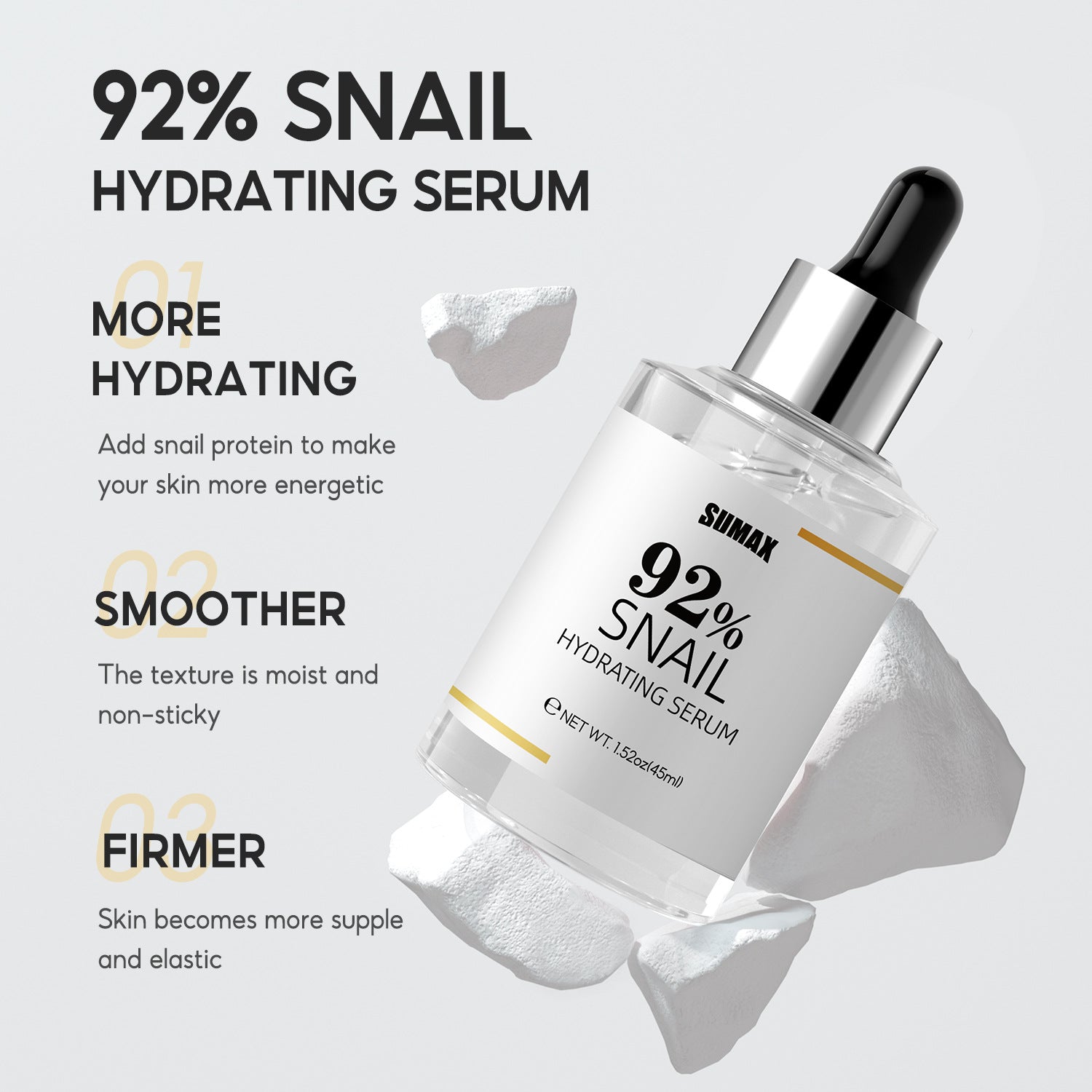 Sumax 92% Snail Hydrating Serum bottle with text highlighting benefits on a light gray background