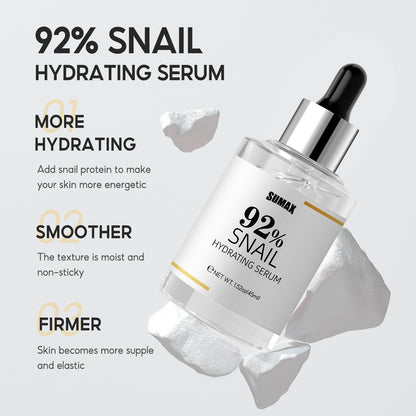 Sumax 92% Snail Hydrating Serum bottle with text highlighting benefits on a light gray background