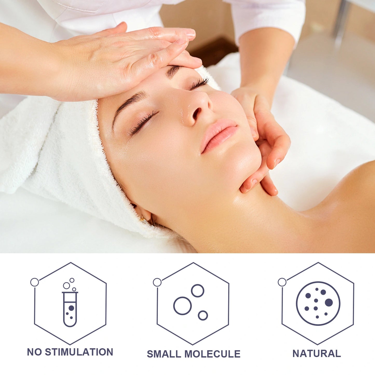 Woman receiving a facial massage with icons indicating 'No Stimulation', 'Small Molecule', and 'Natural' on a white background.