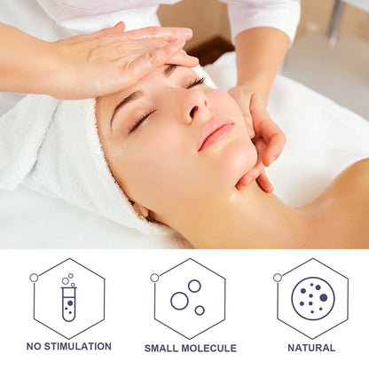 Woman receiving a facial massage with icons indicating 'No Stimulation', 'Small Molecule', and 'Natural' on a white background.