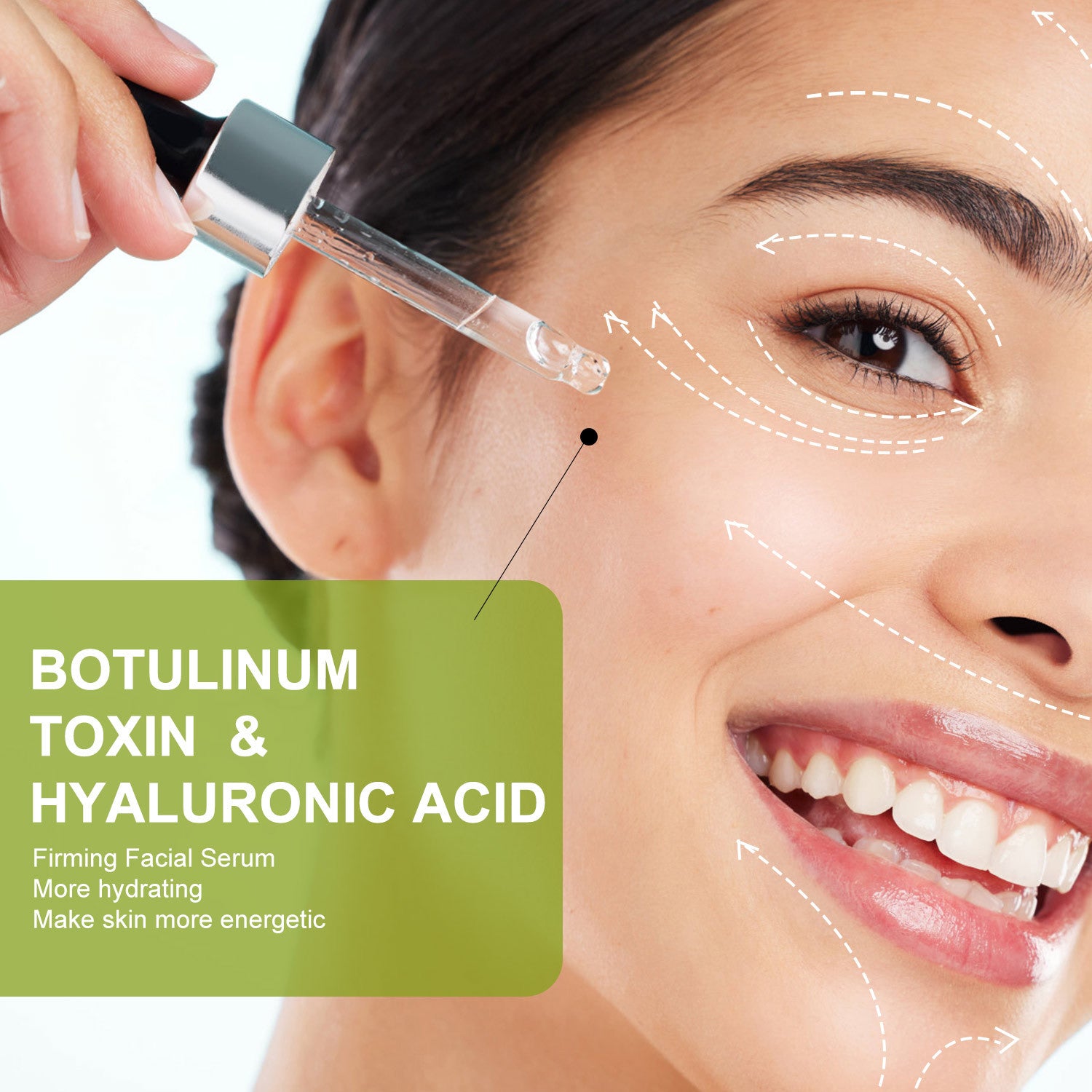 Facial serum being applied to a woman's face with text about botulinum toxin and hyaluronic acid.