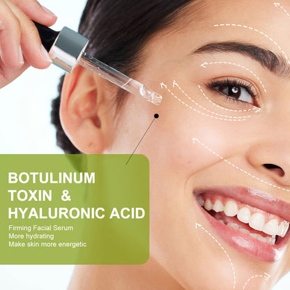 Facial serum being applied to a woman's face with text about botulinum toxin and hyaluronic acid.