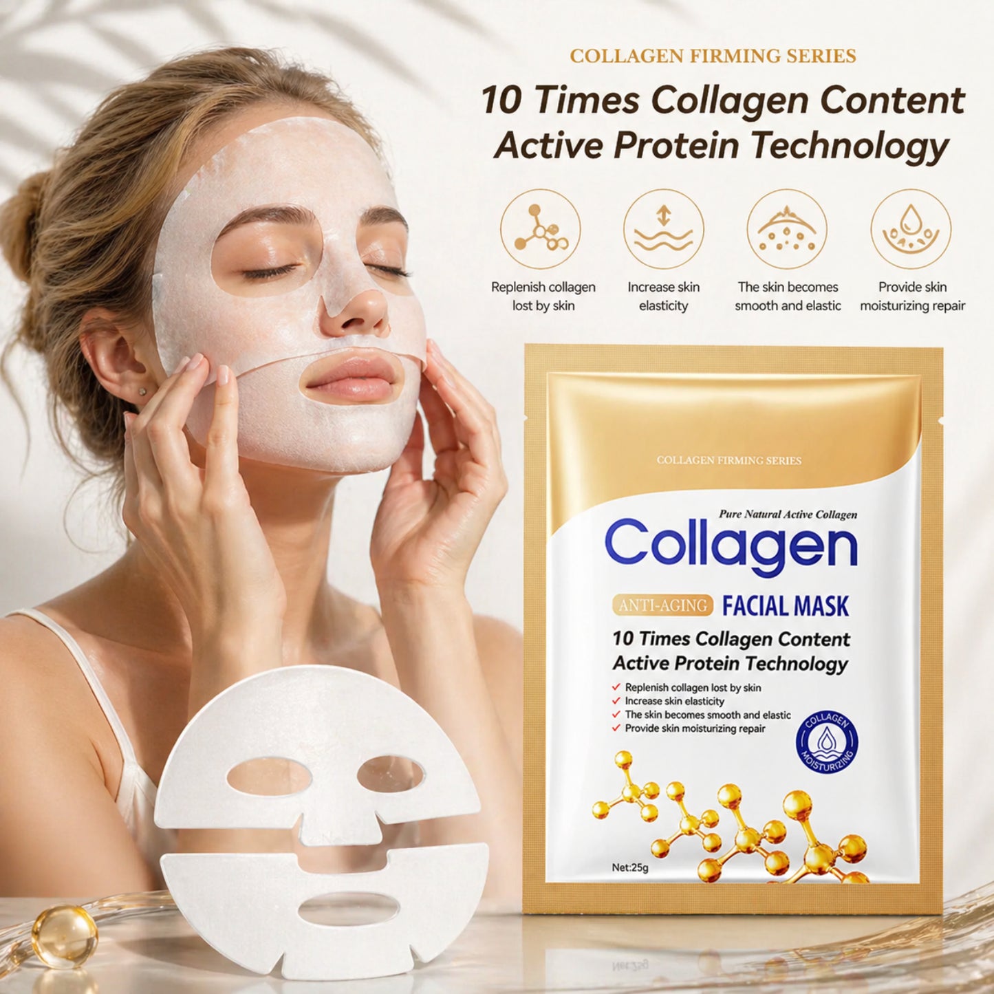 Woman applying a collagen facial mask with packaging in the background