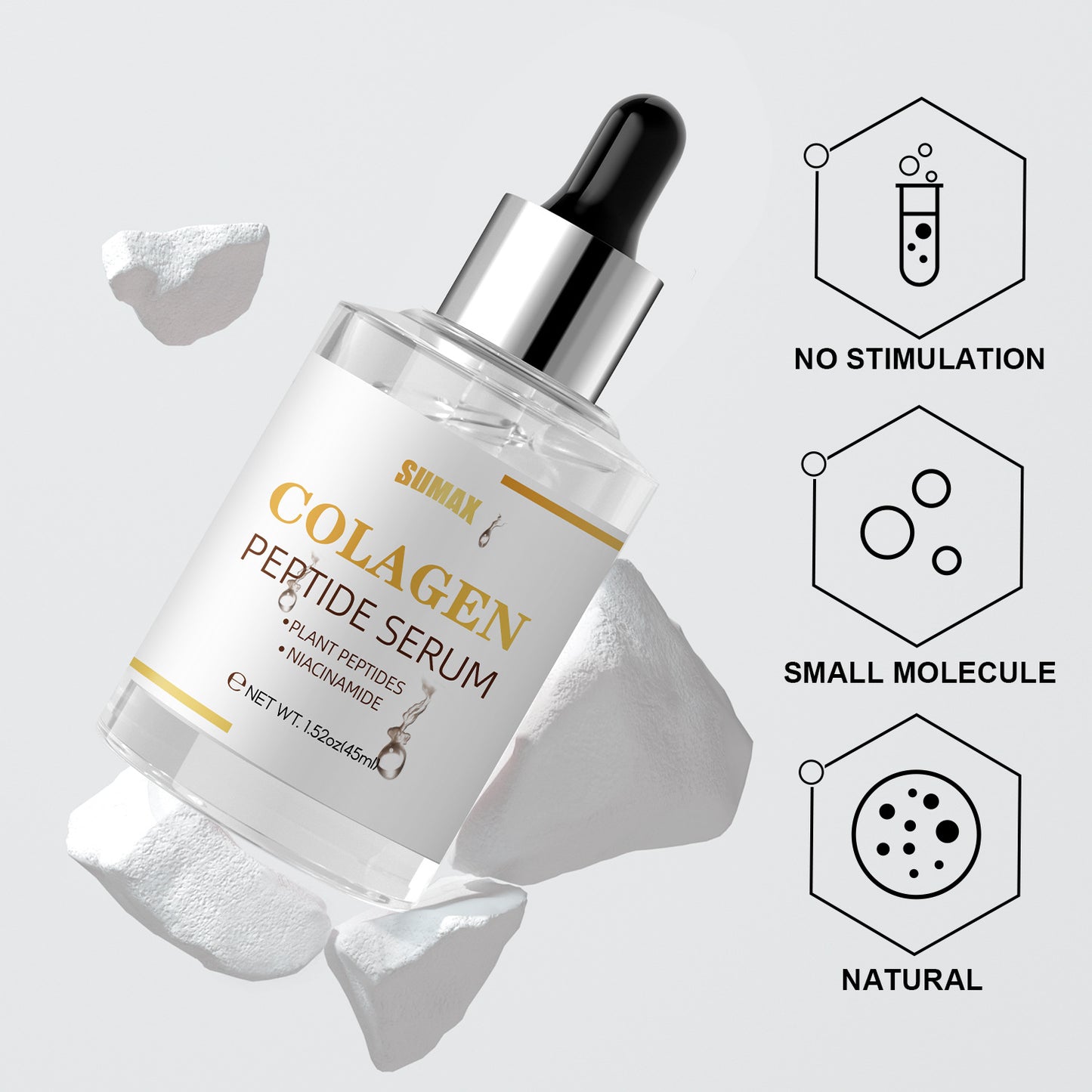 Collagen peptide serum bottle with dropper on a light gray background