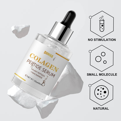 Collagen peptide serum bottle with dropper on a light gray background