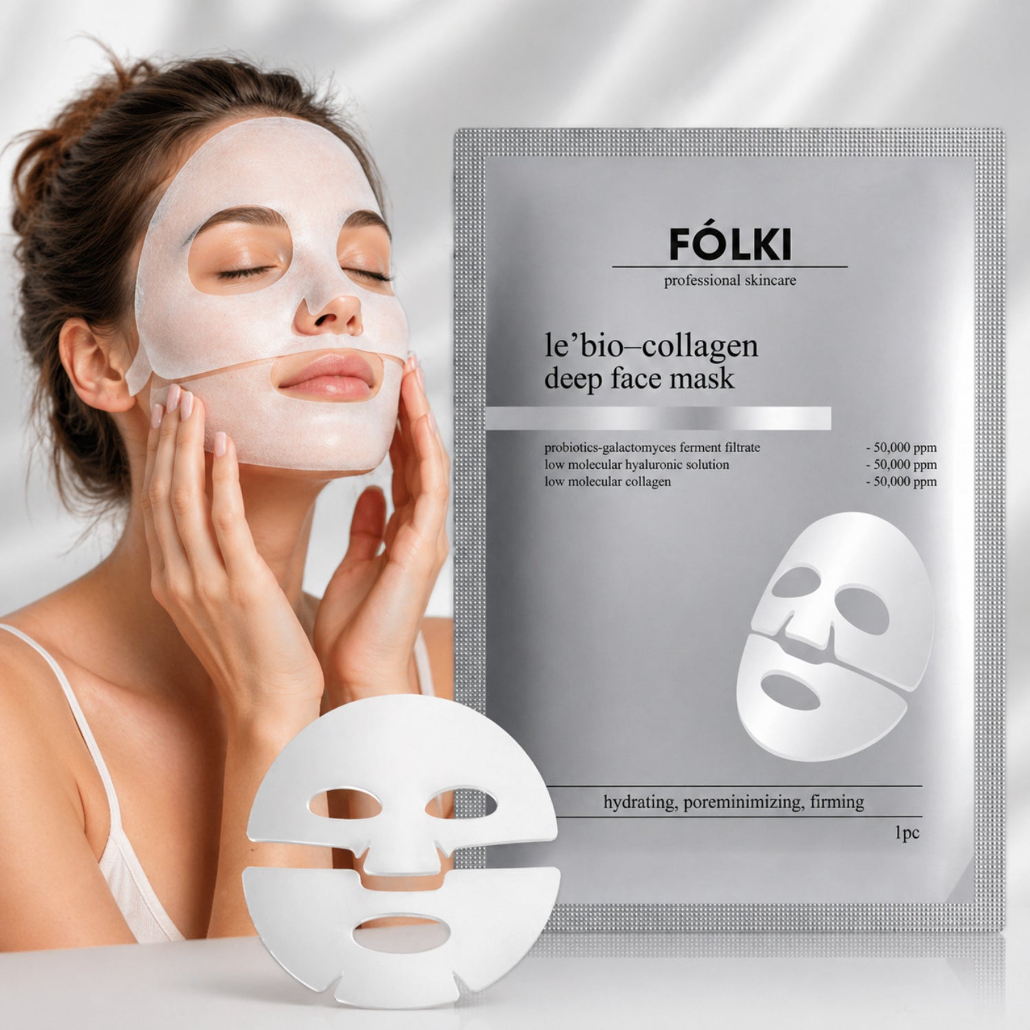 Woman wearing a Fölki le'bö-colagen deep face mask with packaging in the background.
