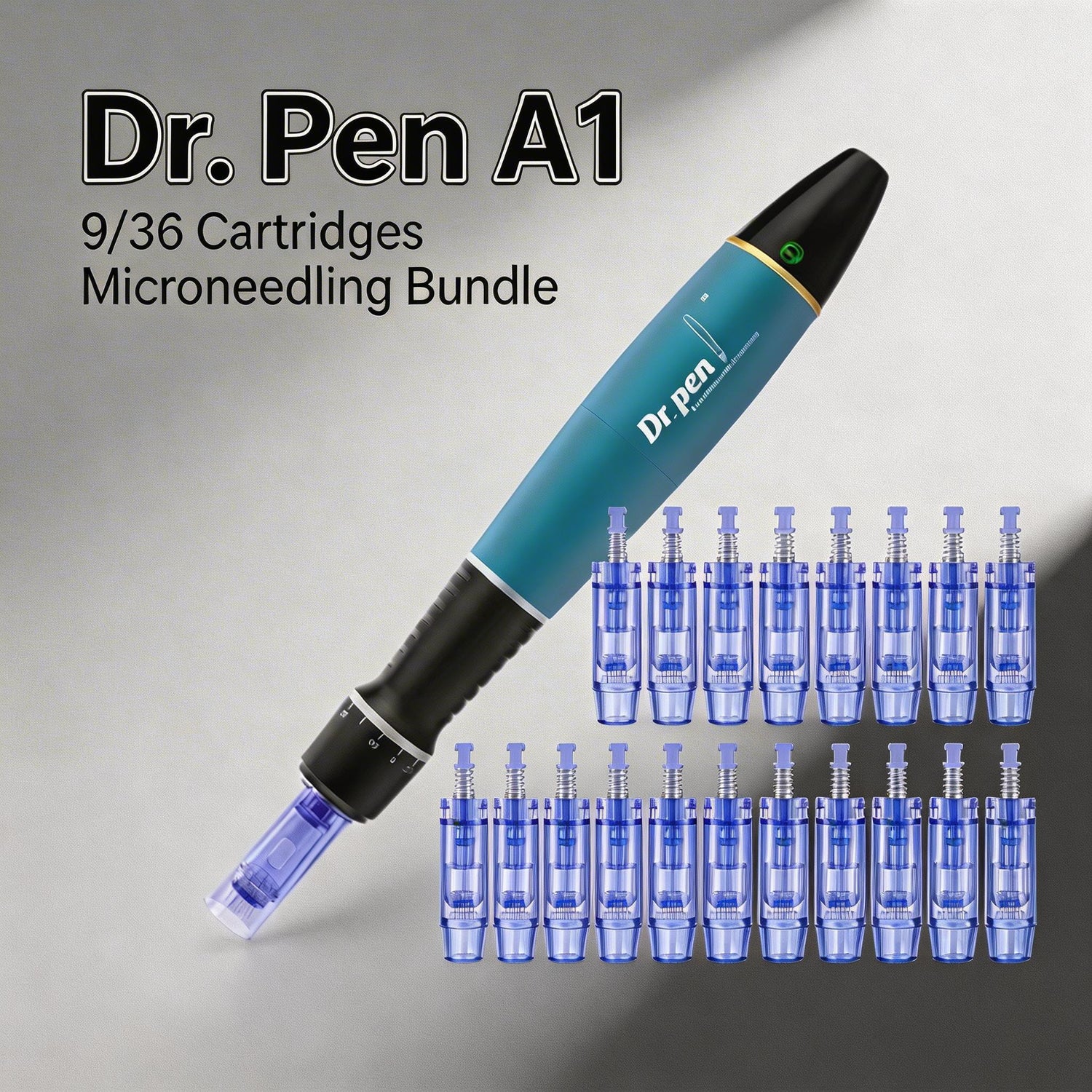 Dr. Pen A1 microneedling device with 9/36 cartridges on a gray background