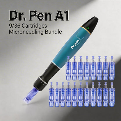 Dr. Pen A1 microneedling device with 9/36 cartridges on a gray background