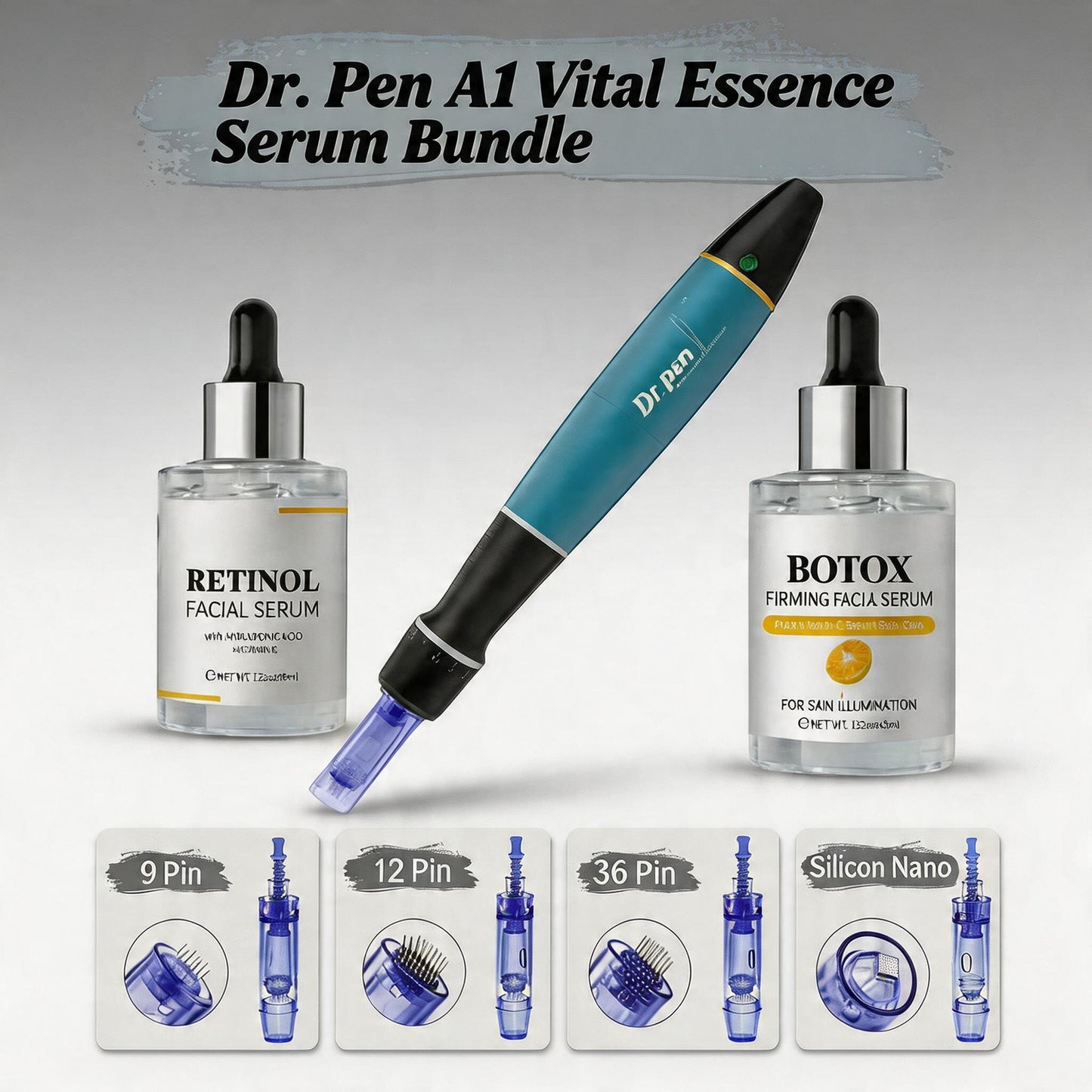 Dr. Pen A1 Vital Essence Serum Bundle with serum bottles and needles on a gray background