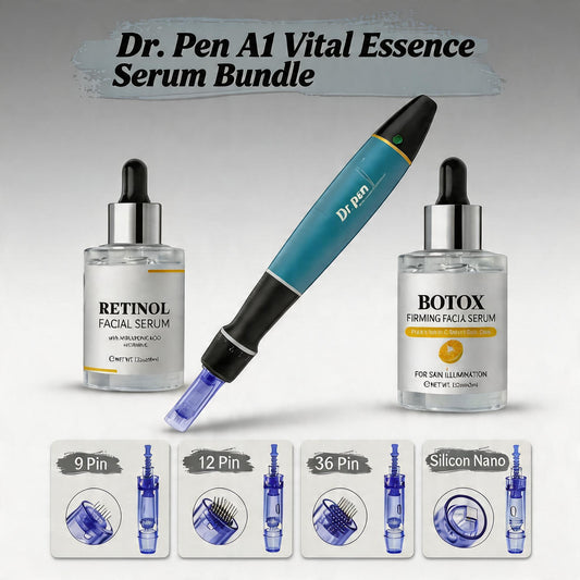 Dr. Pen A1 Vital Essence Serum Bundle with serum bottles and needles on a gray background