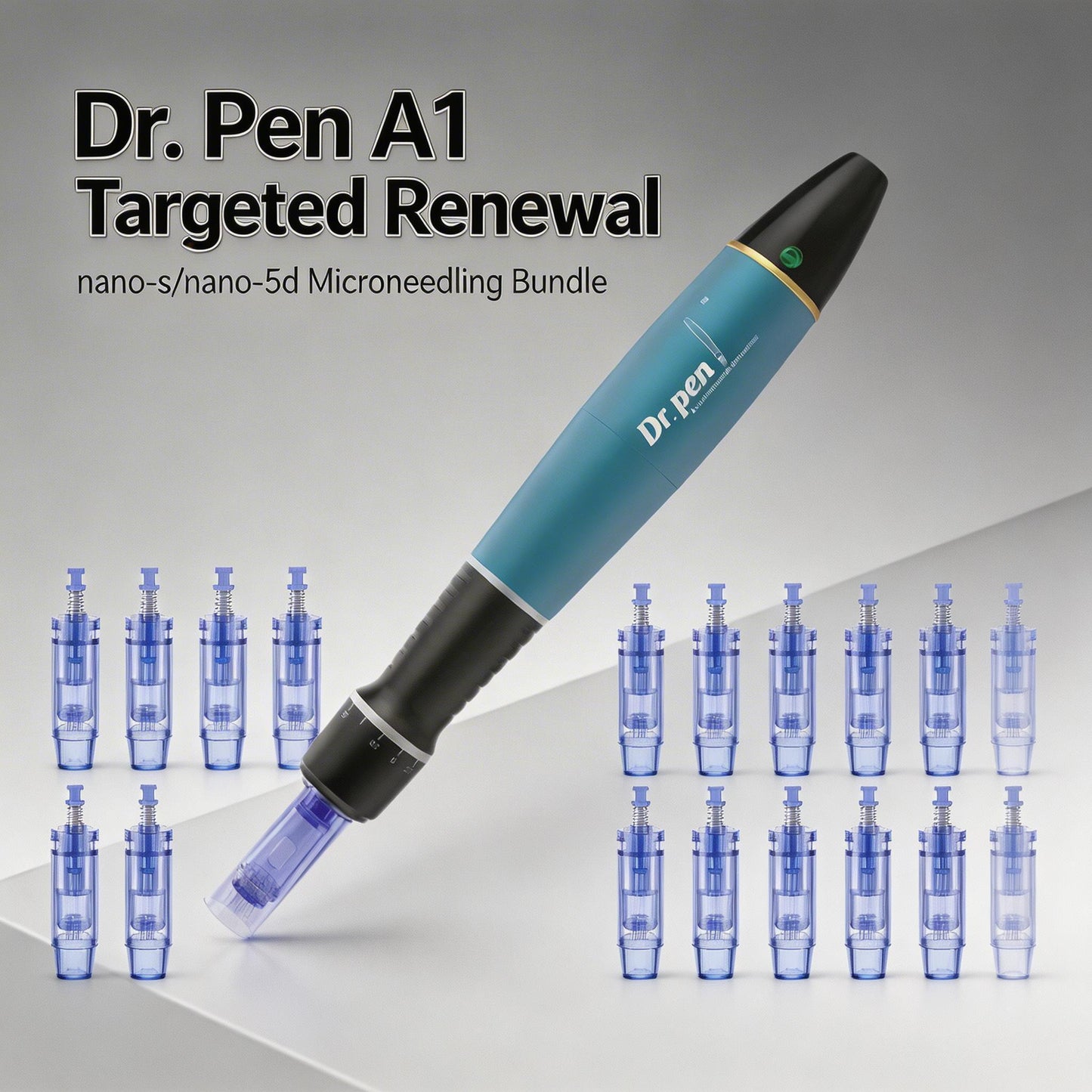 Dr. Pen A1 targeted renewal device with blue cartridges on a gray background