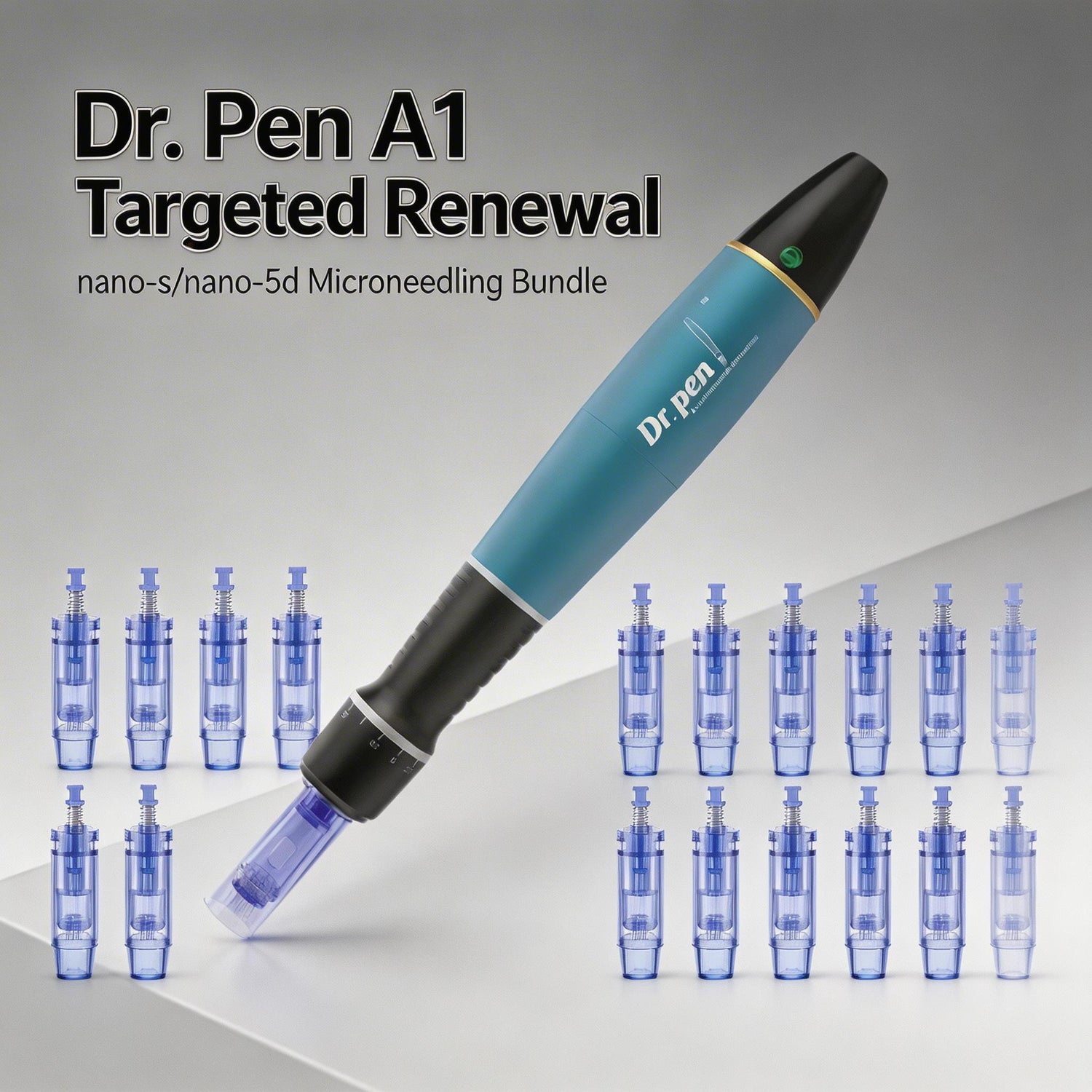 Dr. Pen A1 targeted renewal device with blue cartridges on a gray background