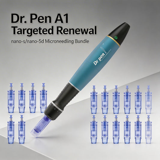 Dr. Pen A1 targeted renewal device with blue cartridges on a gray background